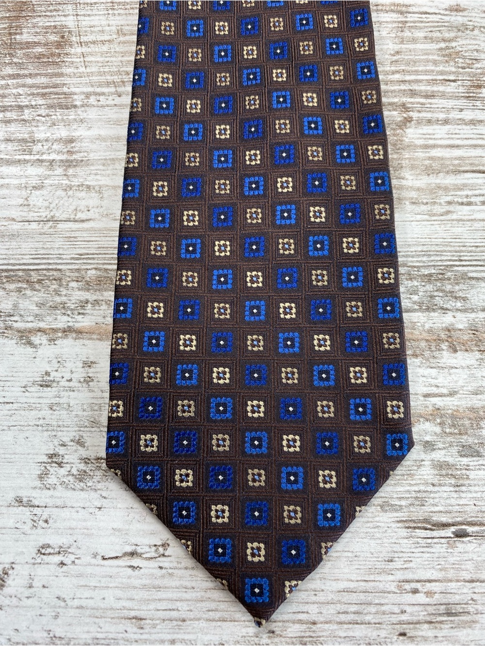 Bruno Piattelli Vintage 100% Silk Tie Brown Blue Geometric Floral 59” x 3.25”